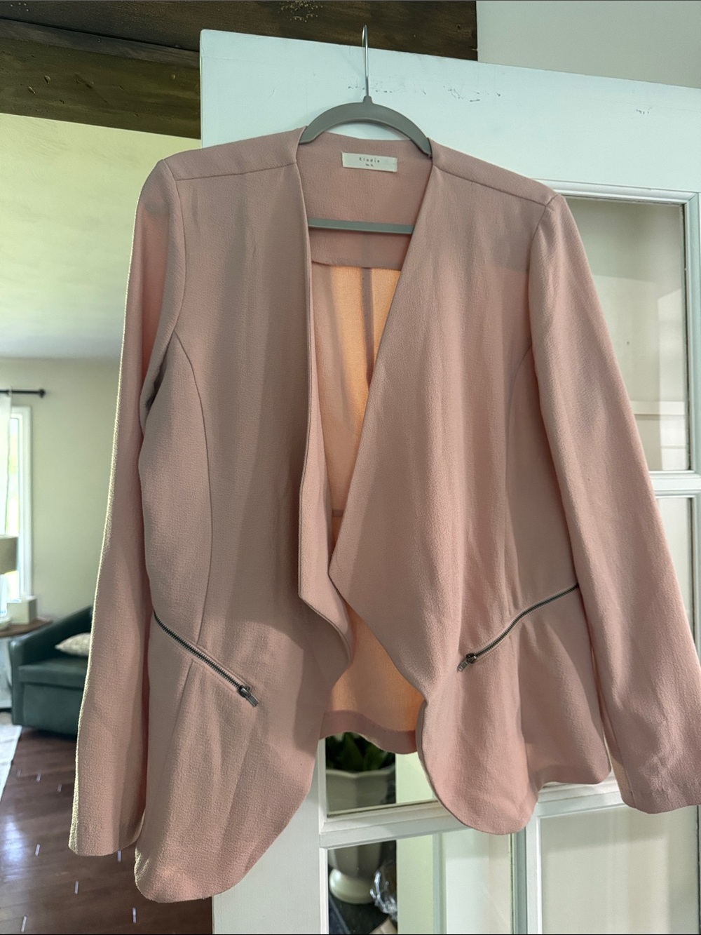 Elodie Blush Pink Open-Front Draped Blazer with Zip Pockets